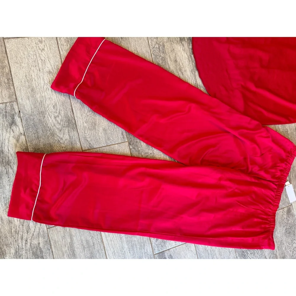 Natori Pajama Set 2‎ pc Large Red Satin Shirt Button Down Long Sleeve Pants ReAd